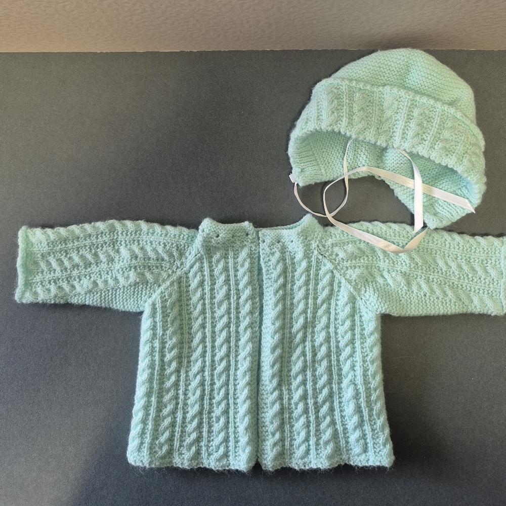 Vintage 60s Mint Green Handmade knit Baby Sweater and Hat Set
